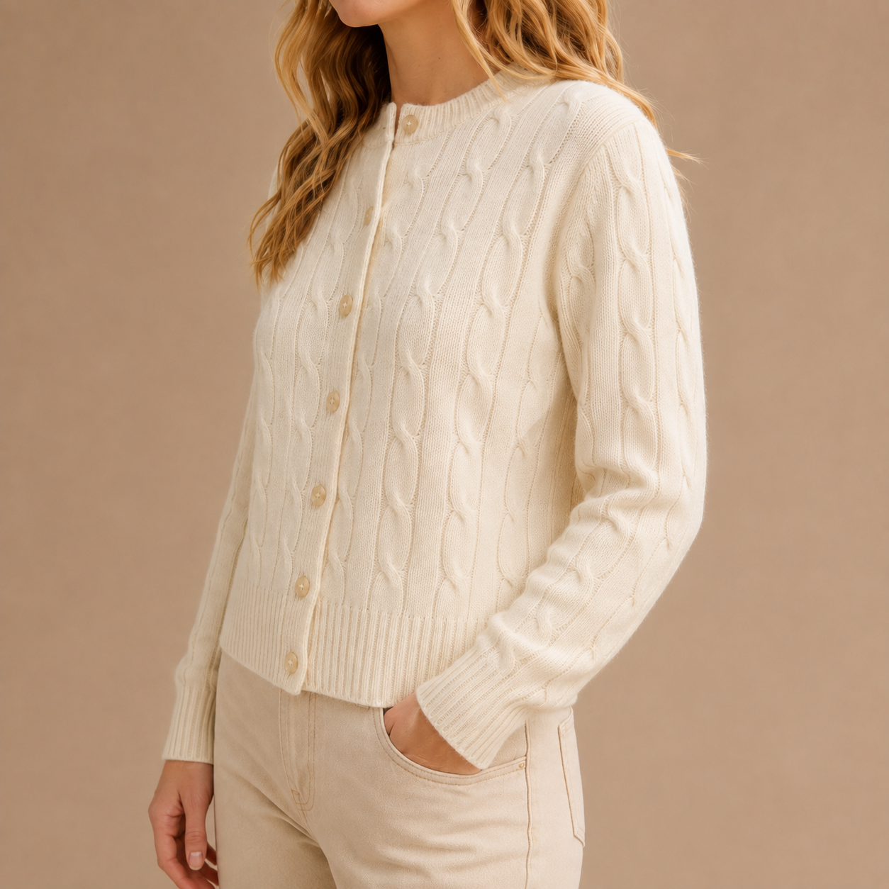 Women's Crew Neck Cable Knit Cardigan Marie