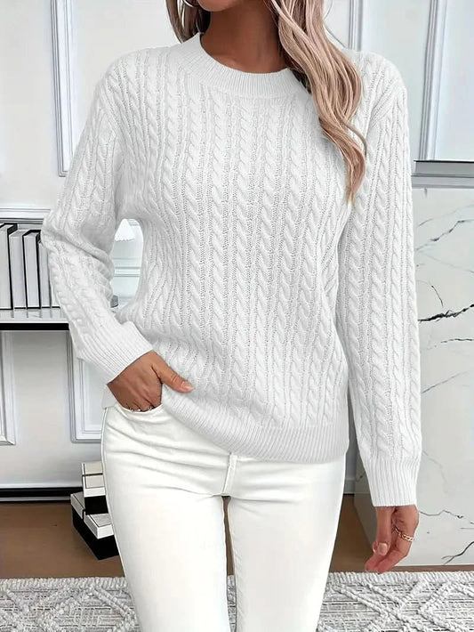 Women's Cable Knit Jumper with Round Neck and Soft Touch