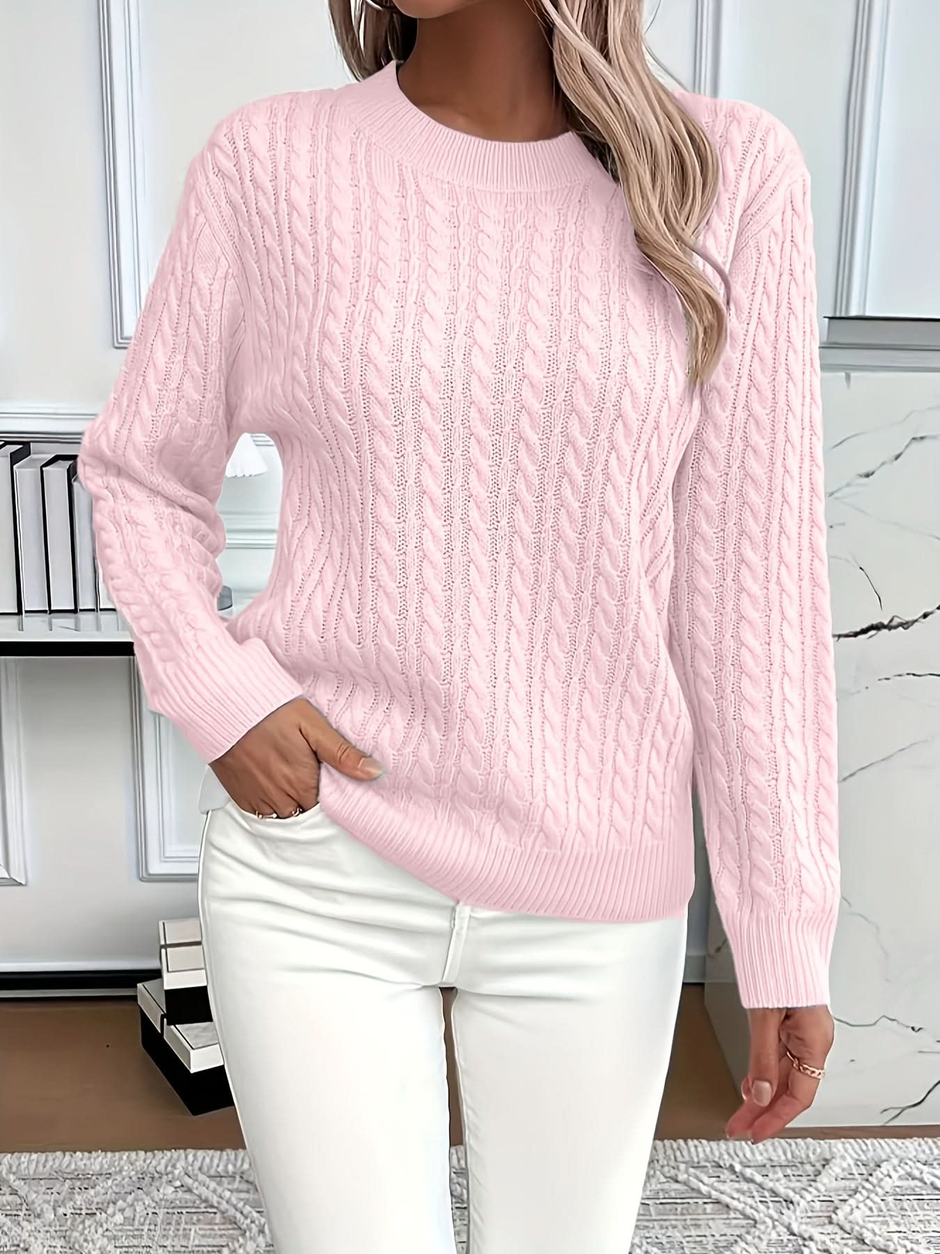 Women's Cable Knit Jumper with Round Neck and Soft Touch