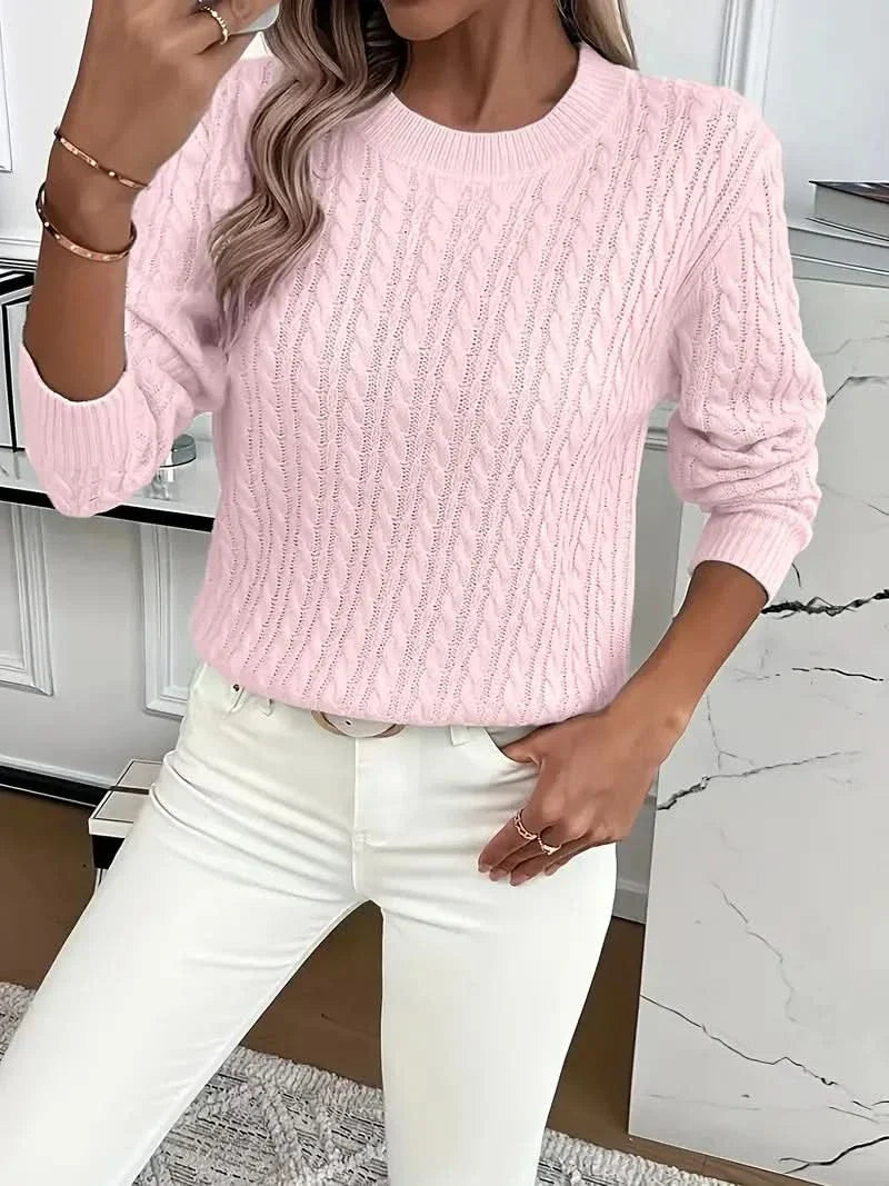 Women's Cable Knit Jumper with Round Neck and Soft Touch