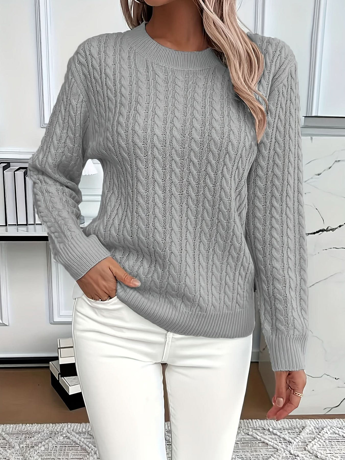 Women's Cable Knit Jumper with Round Neck and Soft Touch