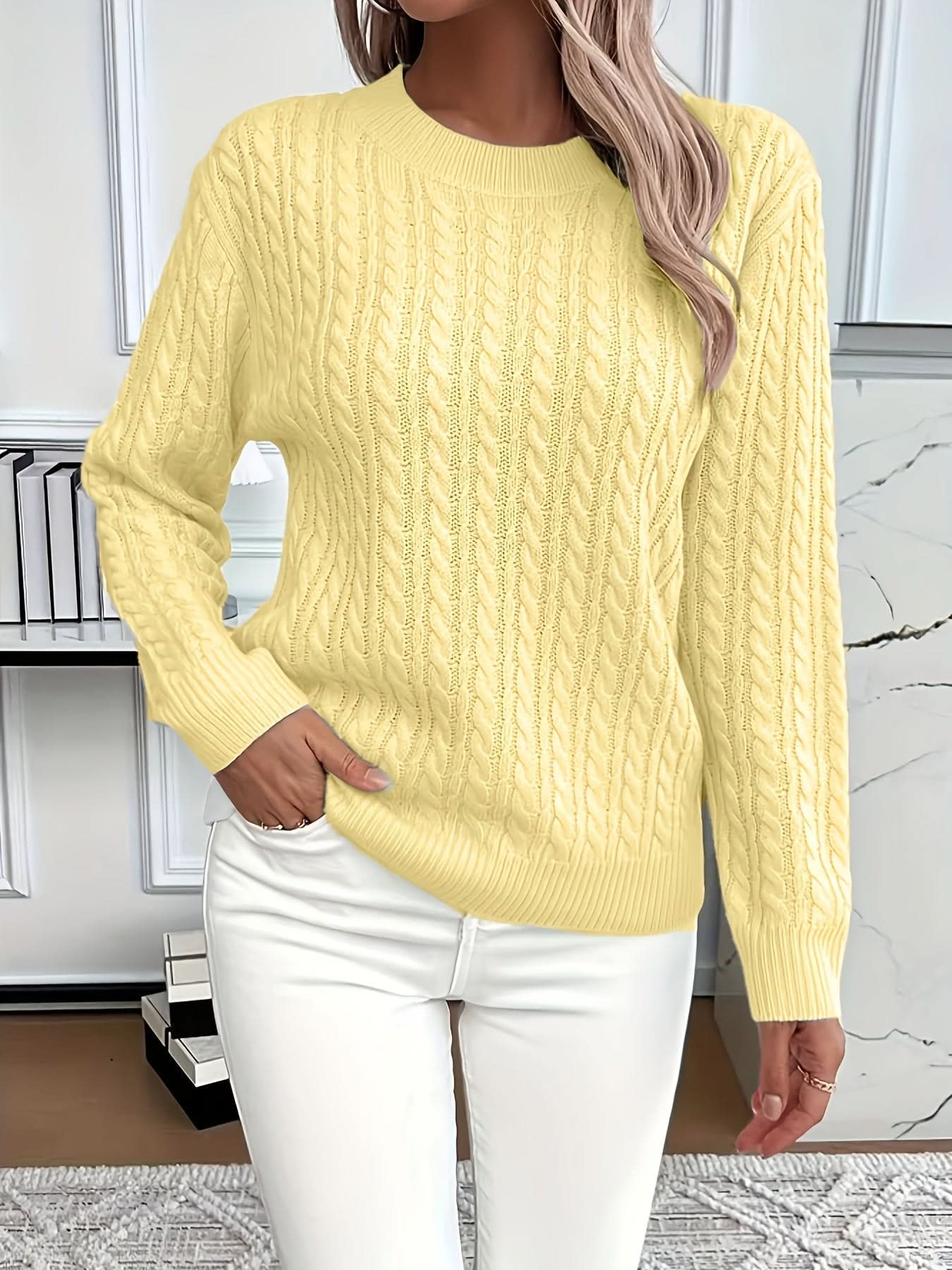 Women's Cable Knit Jumper with Round Neck and Soft Touch