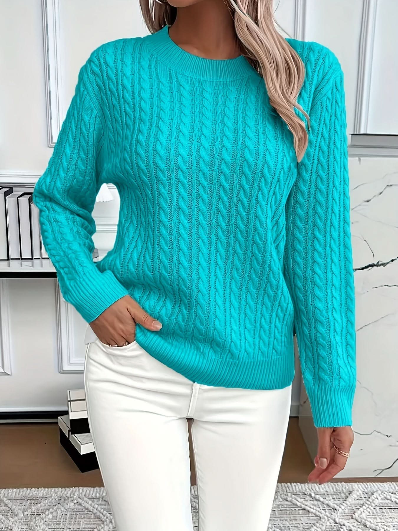 Women's Cable Knit Jumper with Round Neck and Soft Touch