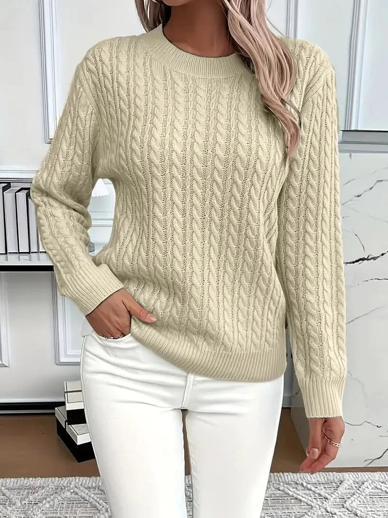 Women's Cable Knit Jumper with Round Neck and Soft Touch