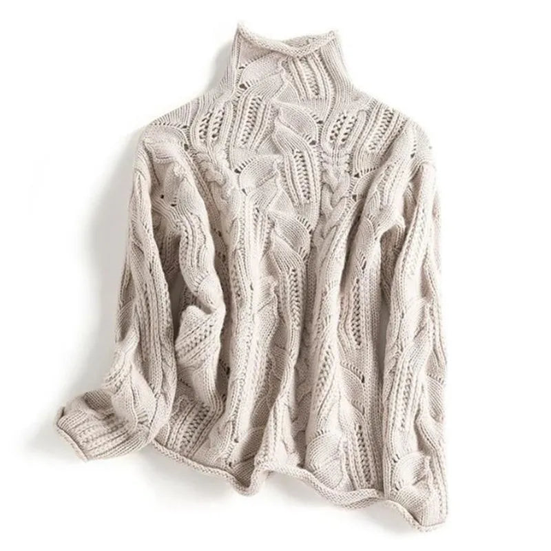 Women's Cable Knit Turtleneck Jumper with Dense Yarn
