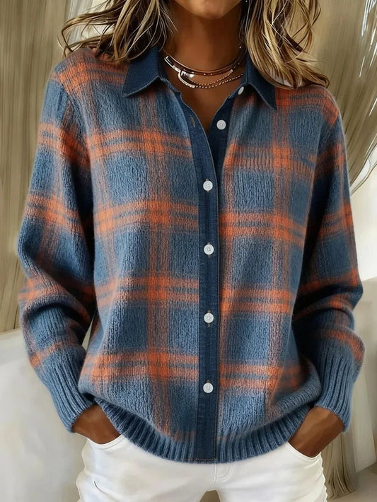 Women's Checked Cardigan with Shirt Collar and Reinforced Seams