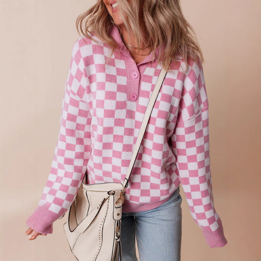 Women's Checkerboard Pattern Jumper with Collar and Buttons