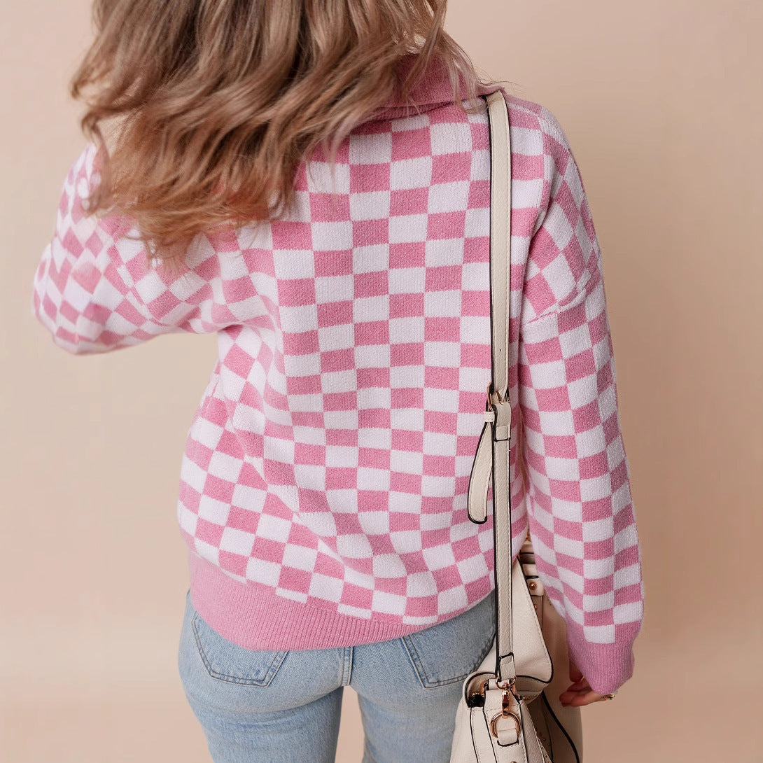 Women's Checkerboard Pattern Jumper with Collar and Buttons
