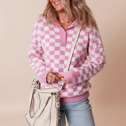 Women's Checkerboard Pattern Jumper with Collar and Buttons
