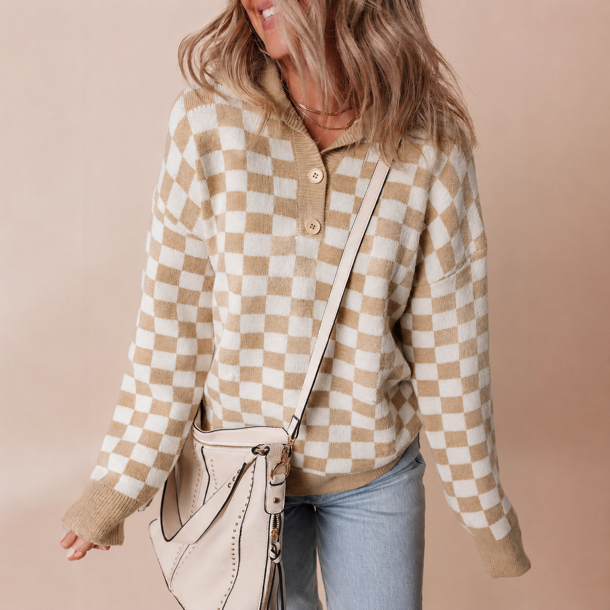Women's Checkerboard Pattern Jumper with Collar and Buttons