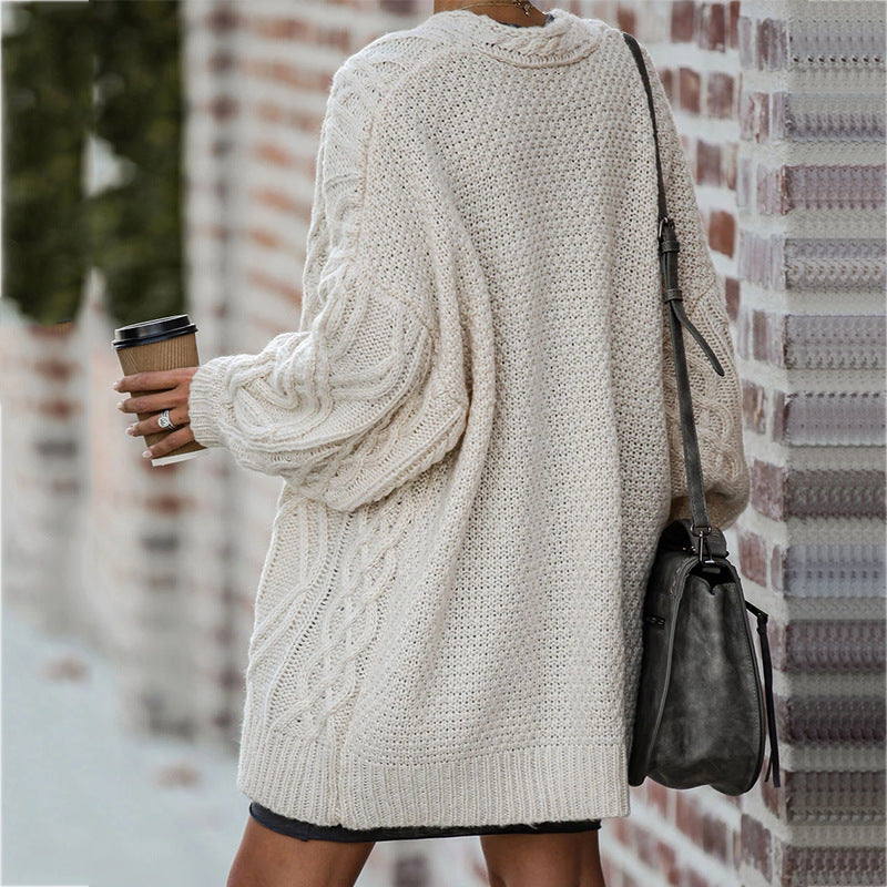 Women's Chunky Knit Cardigan with Cable Pattern and Open Front