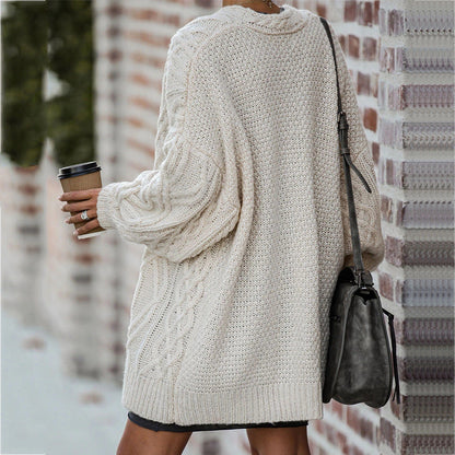 Women's Chunky Knit Cardigan with Cable Pattern and Open Front