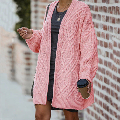 Women's Chunky Knit Cardigan with Cable Pattern and Open Front