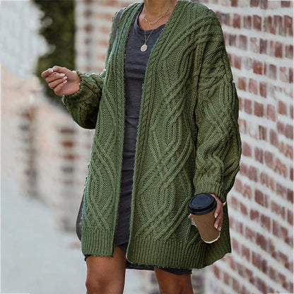 Women's Chunky Knit Cardigan with Cable Pattern and Open Front