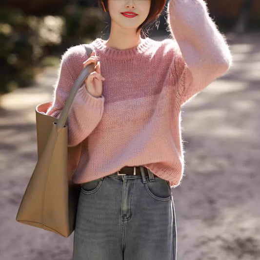 Women's Chunky Knit Jumper with Stand-Up Collar in Gradient Colour