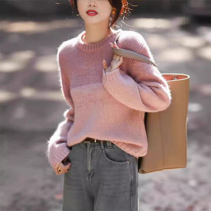 Women's Chunky Knit Jumper with Stand-Up Collar in Gradient Colour