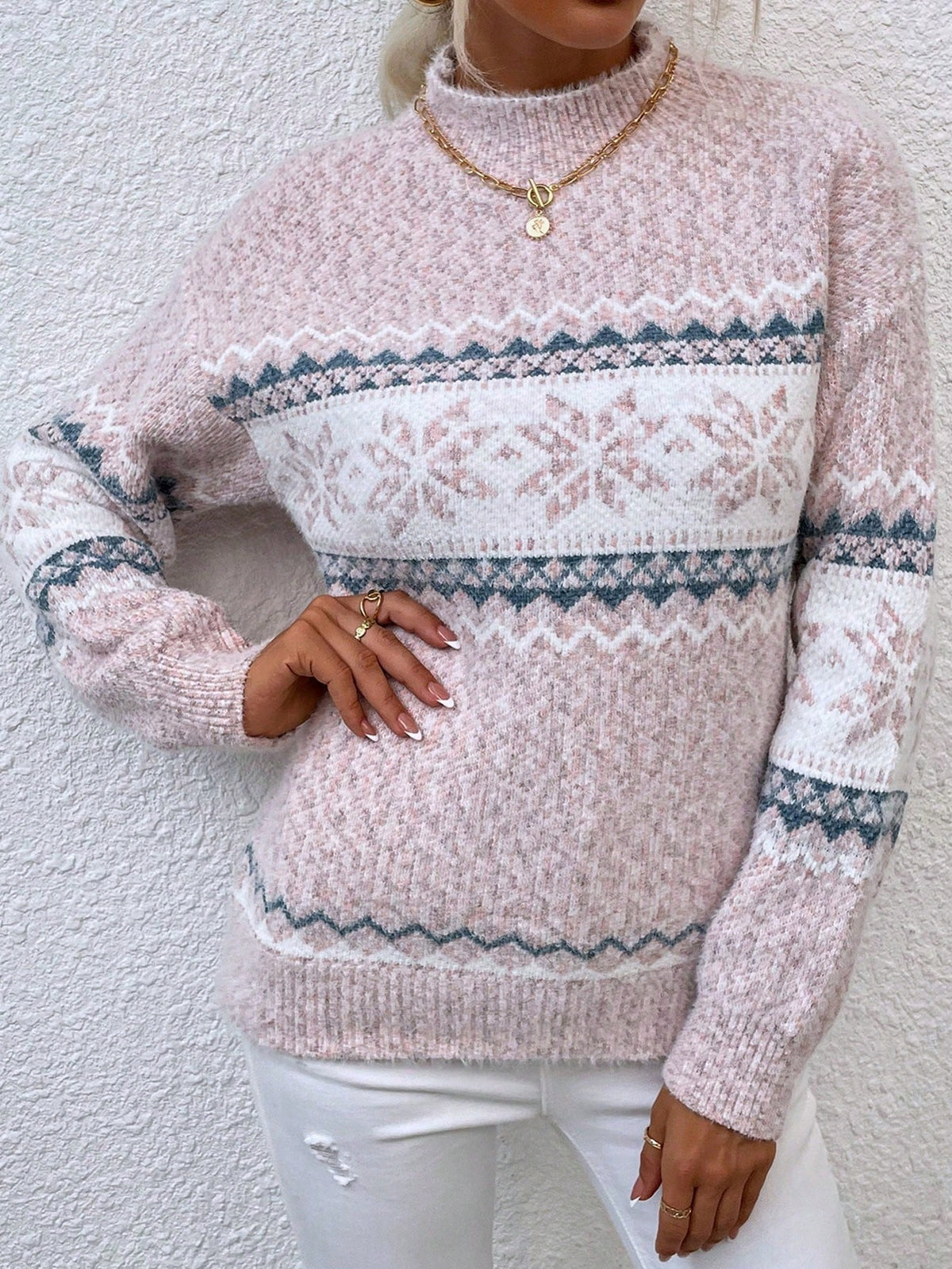 Women's Colour Block Jumper with Long Sleeves and Low Collar