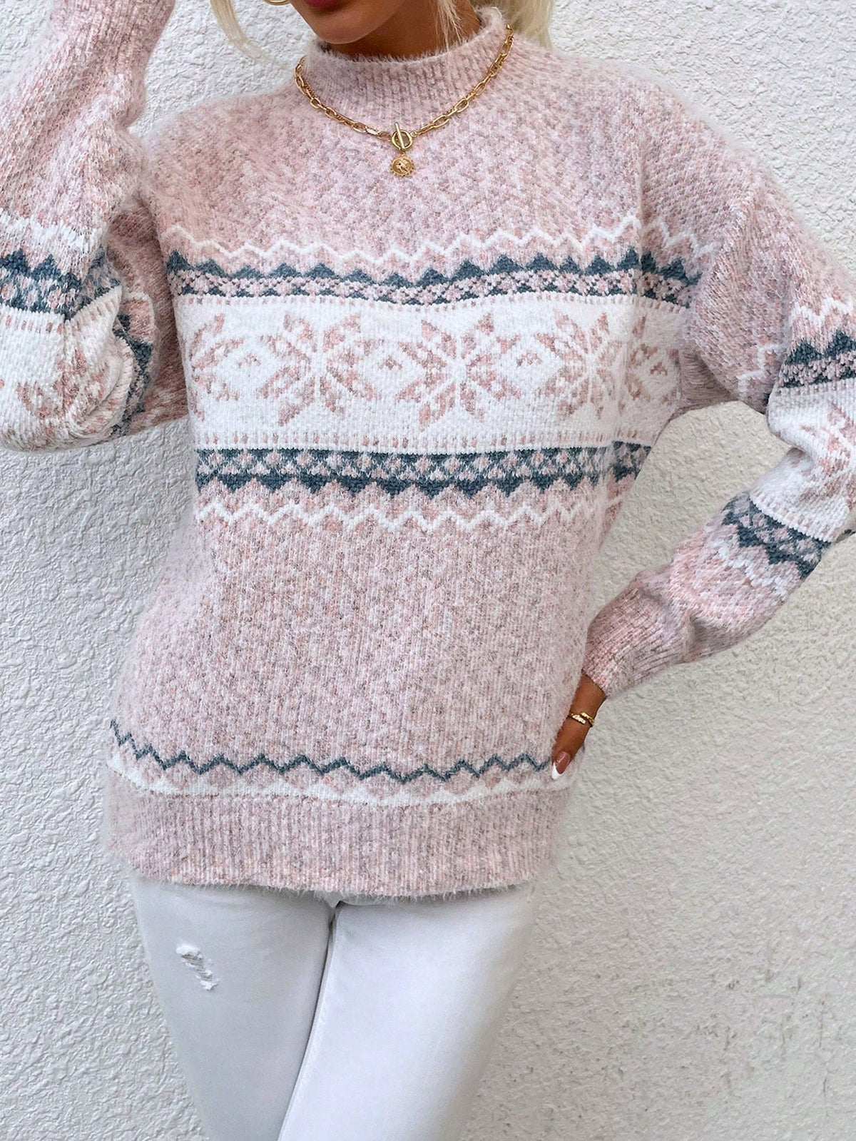 Women's Colour Block Jumper with Long Sleeves and Low Collar