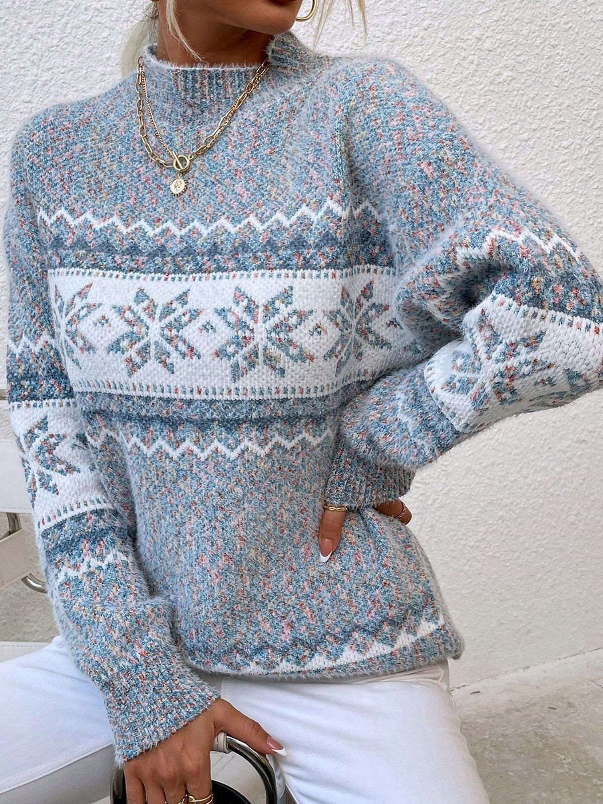 Women's Colour Block Jumper with Long Sleeves and Low Collar