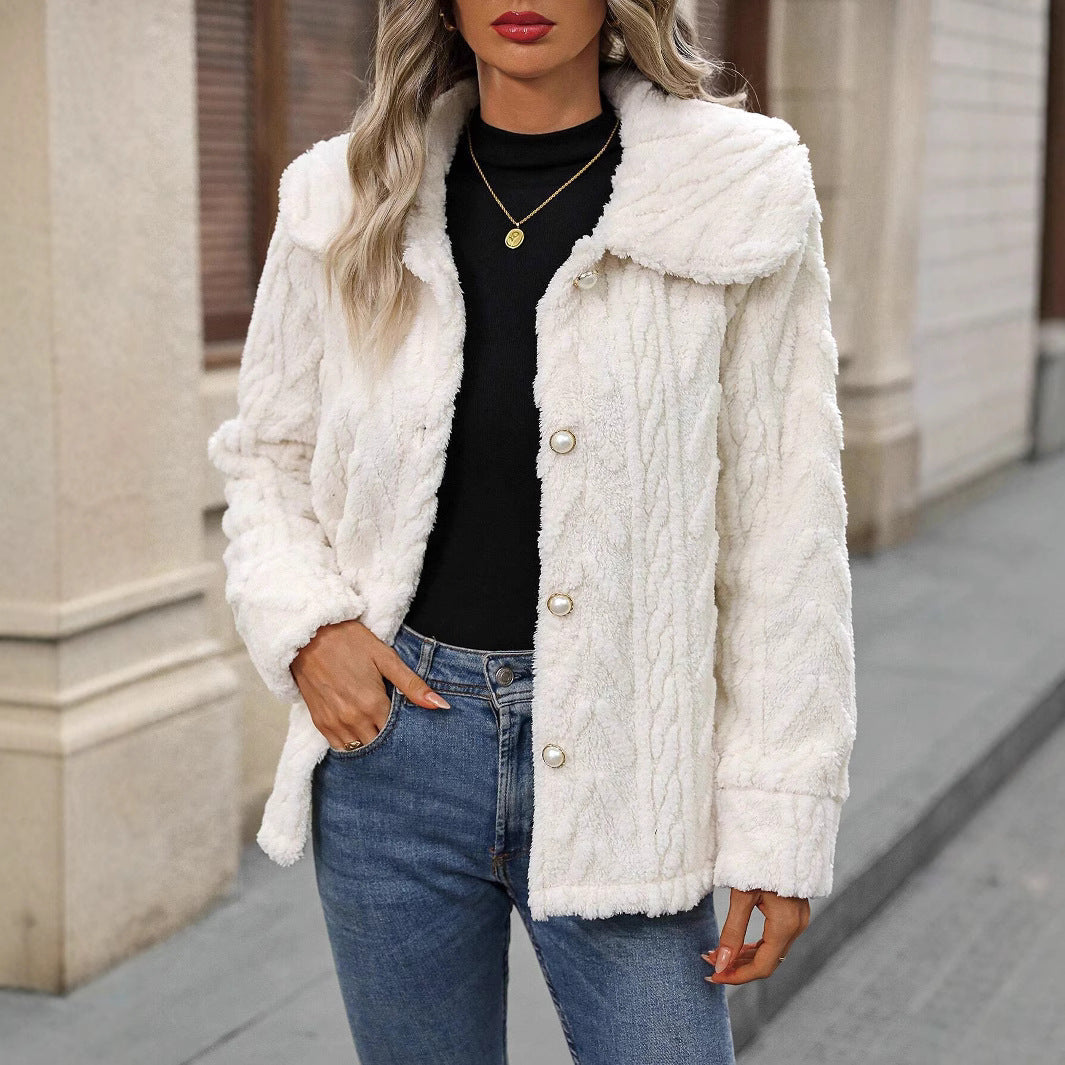 Women's Fleece Cardigan with Classic Collar and Button Front