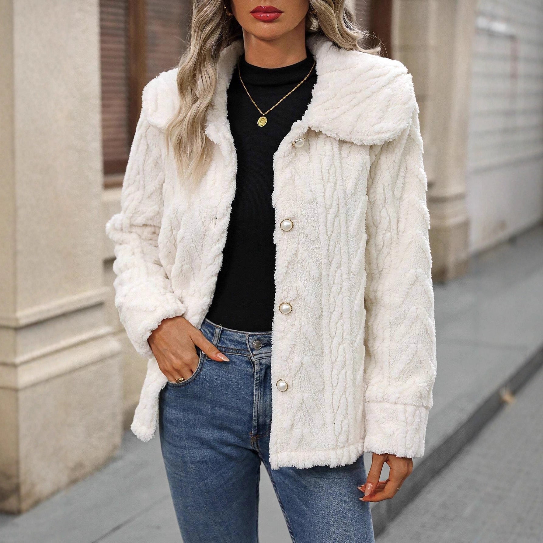 Women's Fleece Cardigan with Classic Collar and Button Front