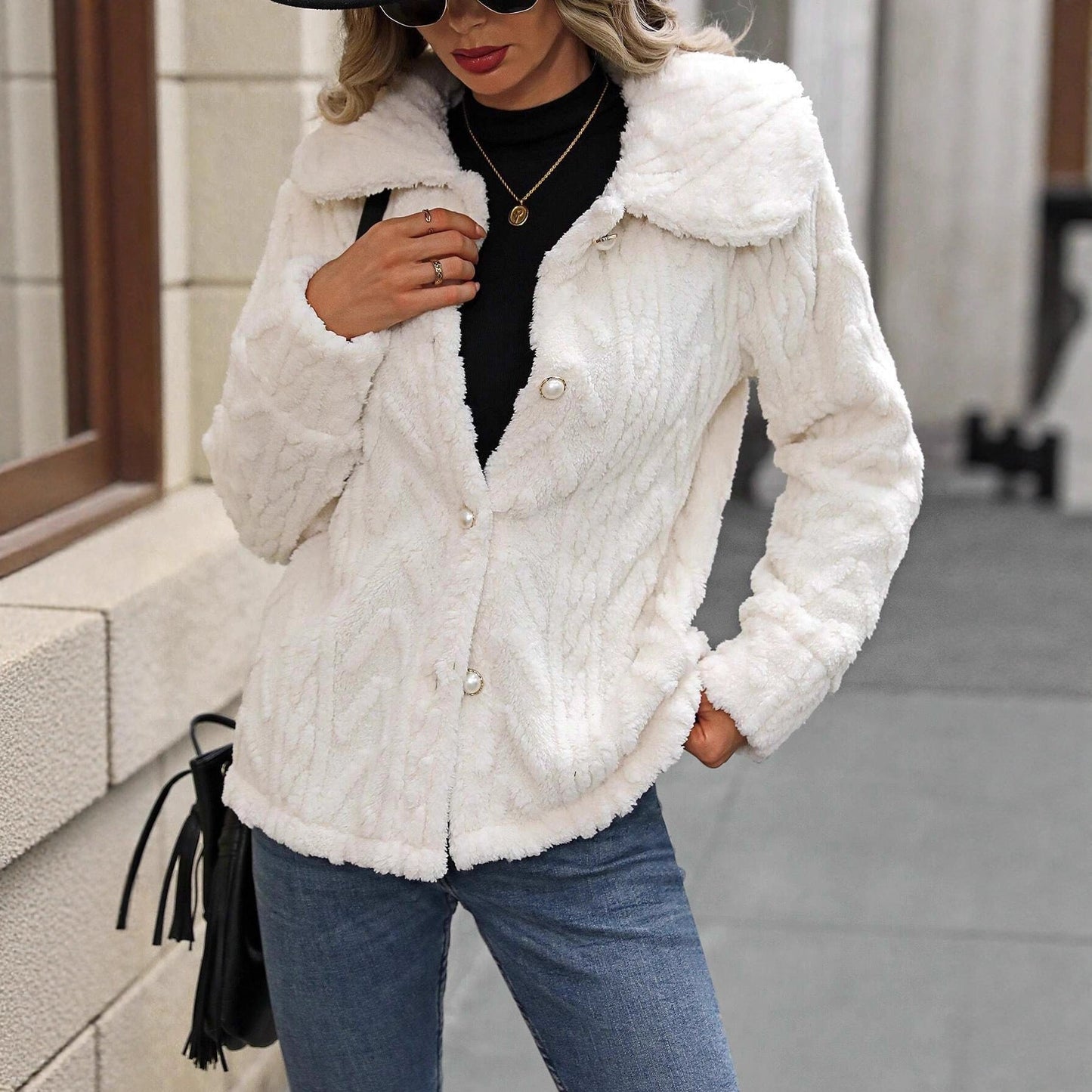 Women's Fleece Cardigan with Classic Collar and Button Front