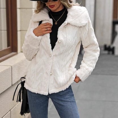 Women's Fleece Cardigan with Classic Collar and Button Front