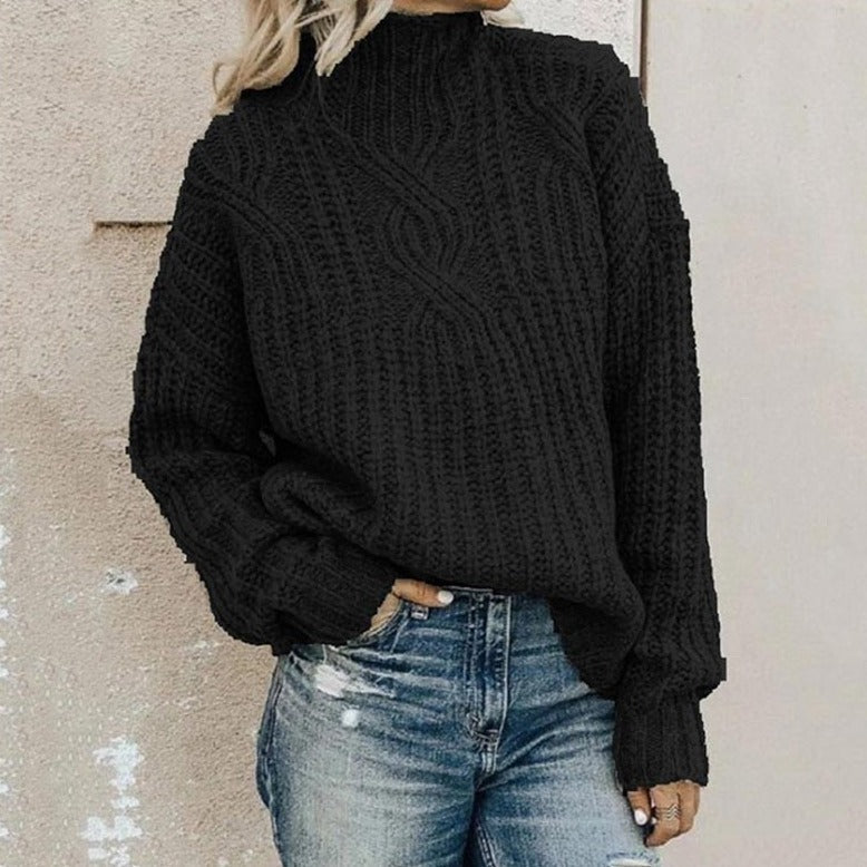 Women's High Neck Knit Jumper with Ribbed Trims