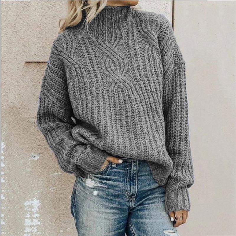 Women's High Neck Knit Jumper with Ribbed Trims