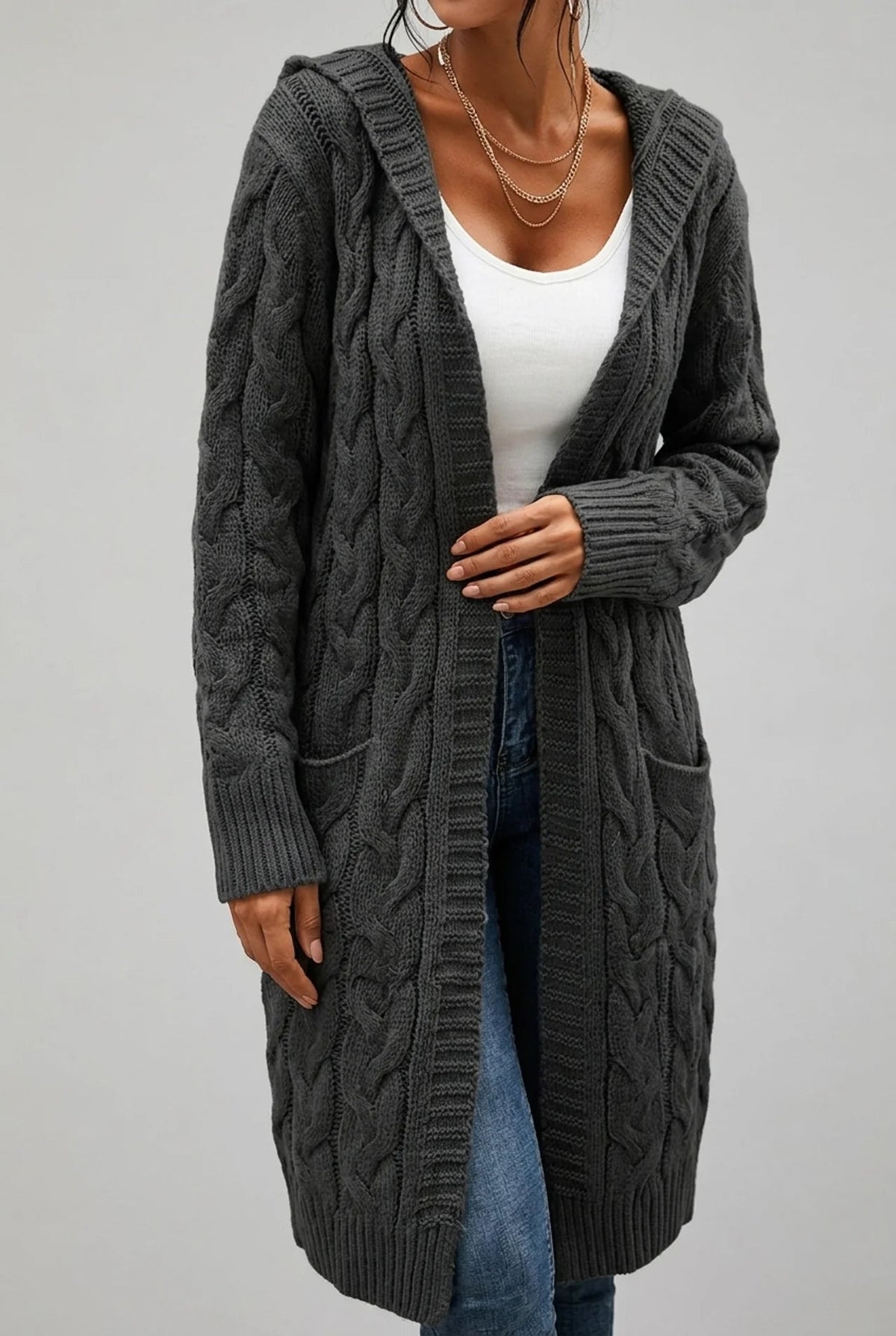 Women's Hooded Cardigan in Soft Knit with Open Front and Designed Cut
