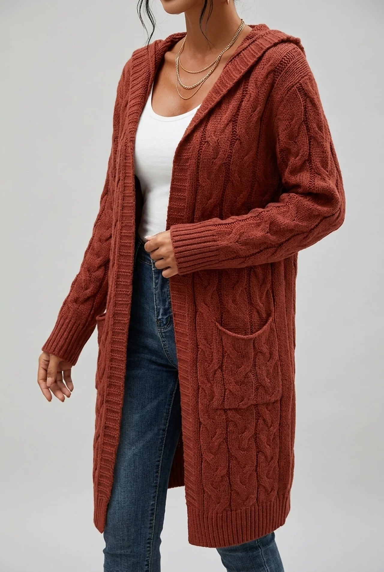 Women's Hooded Cardigan in Soft Knit with Open Front and Designed Cut