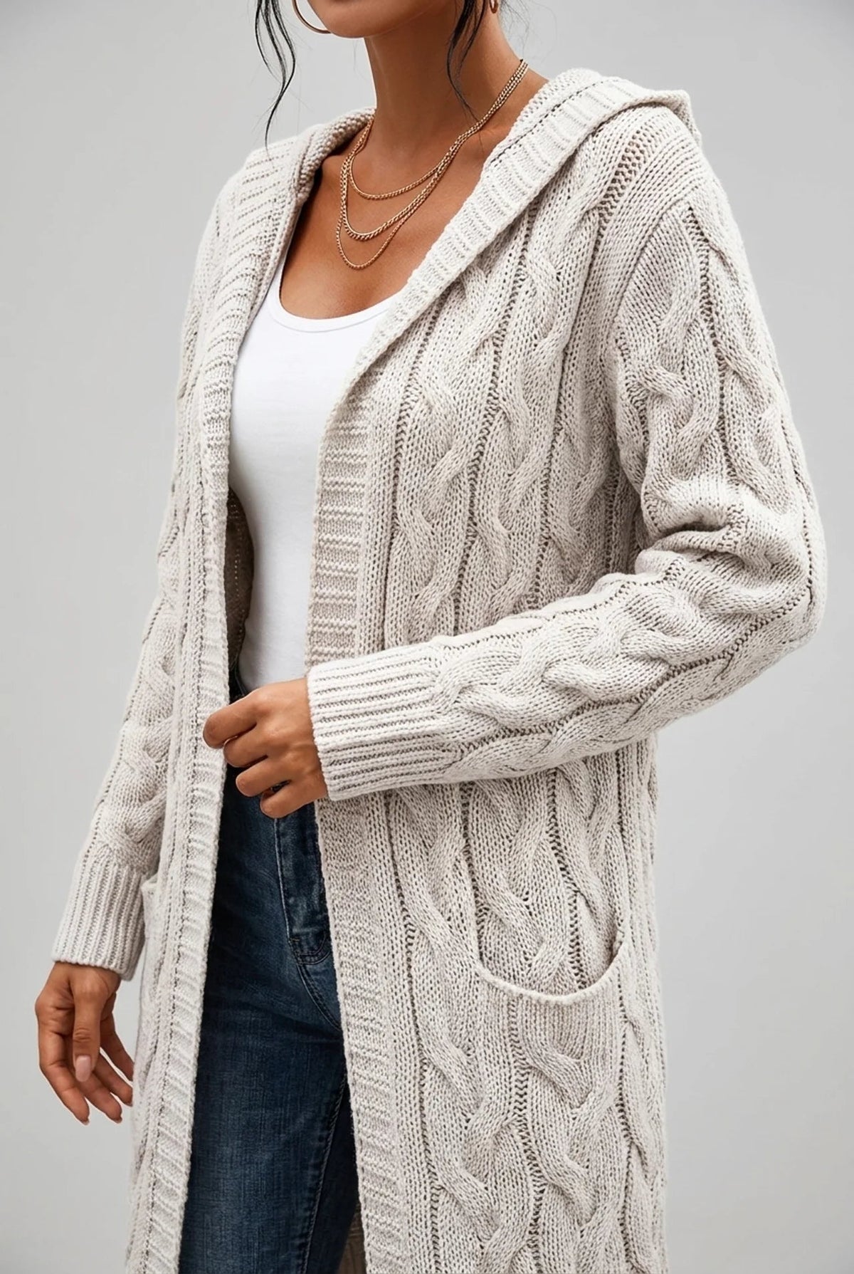 Women's Hooded Cardigan in Soft Knit with Open Front and Designed Cut