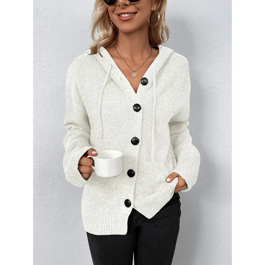 Women's Hooded Cardigan with Contrast Buttons and Soft Touch