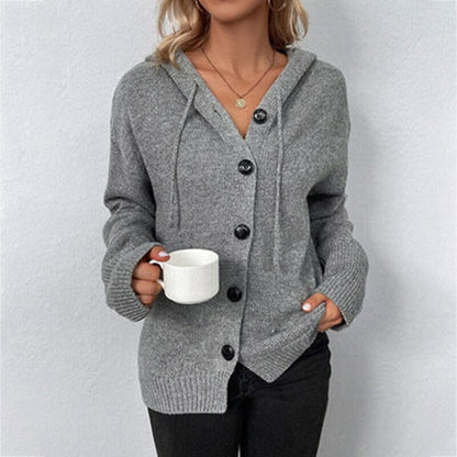 Women's Hooded Cardigan with Large Buttons and Relaxed Fit