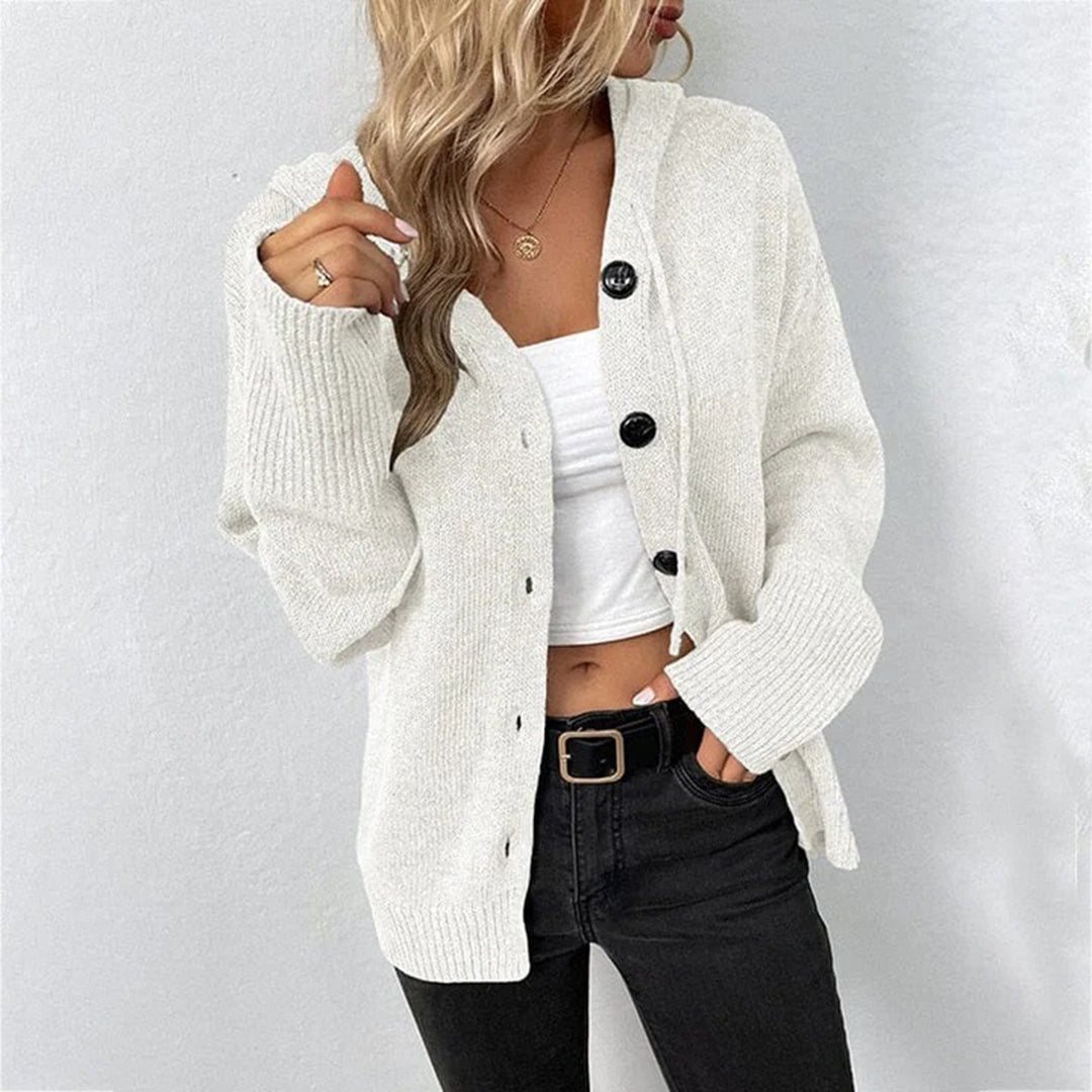 Women's Hooded Cardigan with Large Buttons and Relaxed Fit
