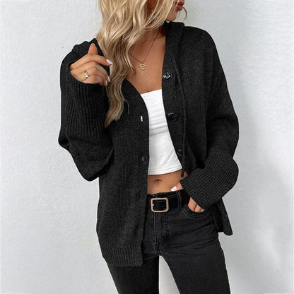 Women's Hooded Cardigan with Large Buttons and Relaxed Fit