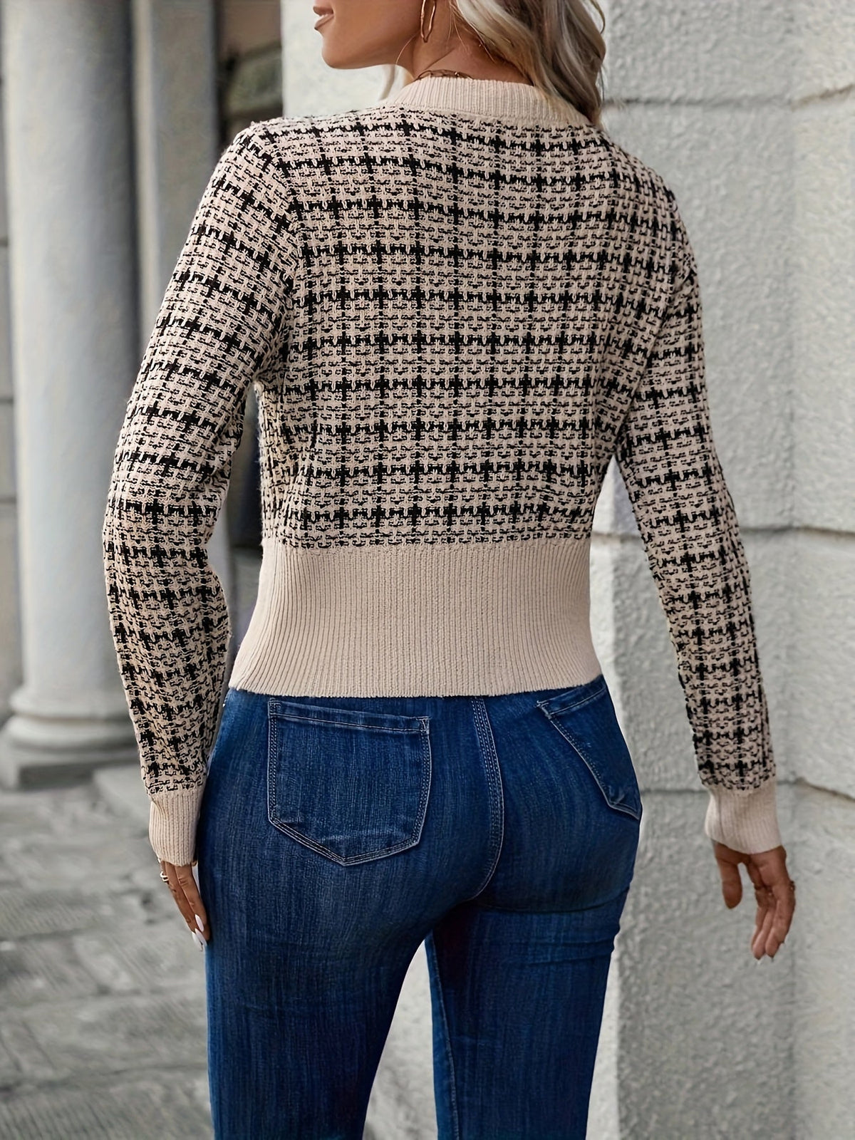 Women's Houndstooth Knit Cardigan with Gold Buttons