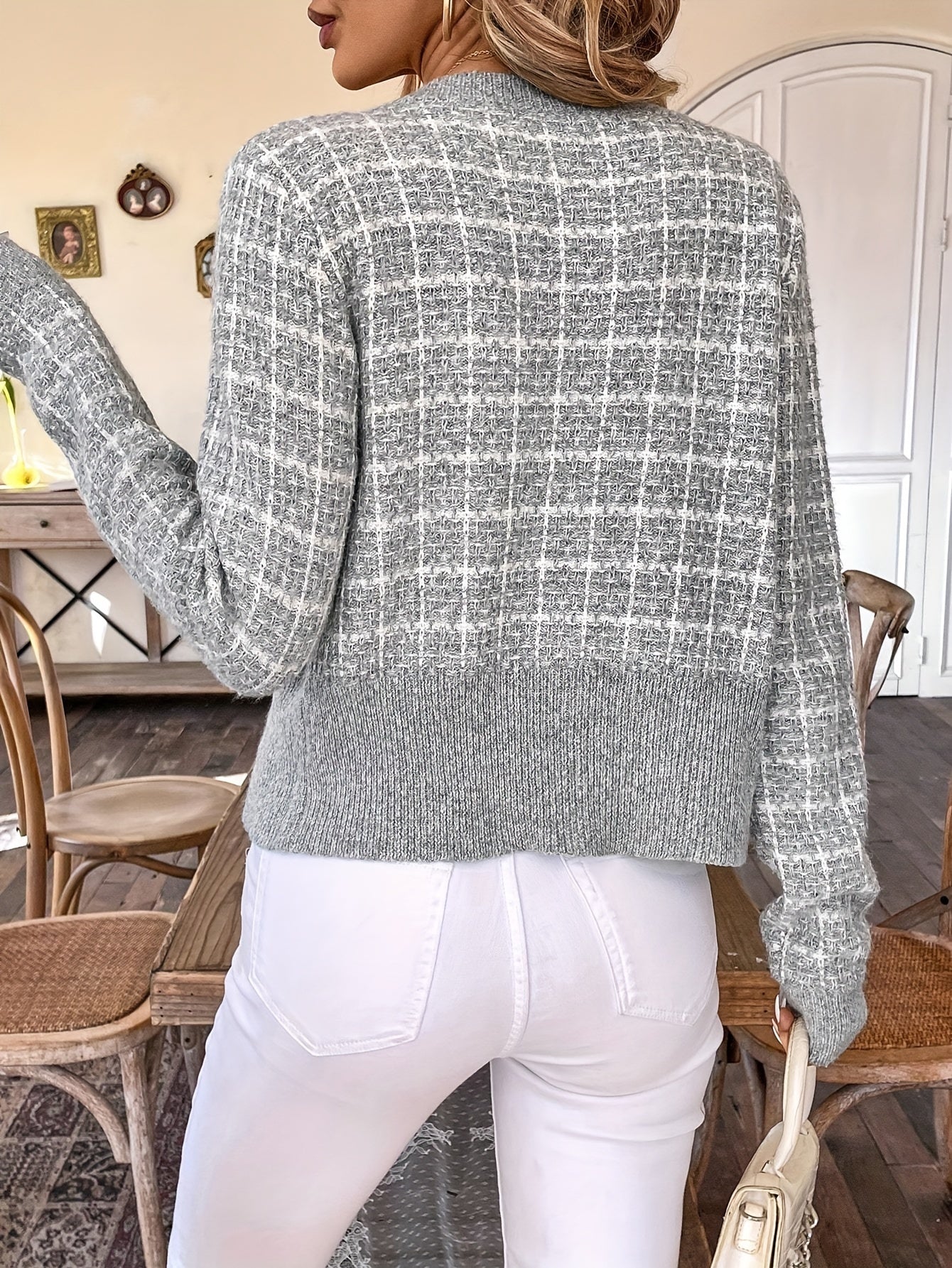 Women's Houndstooth Knit Cardigan with Gold Buttons