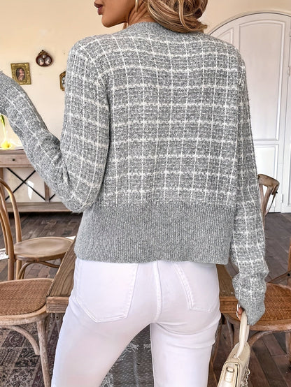 Women's Houndstooth Knit Cardigan with Gold Buttons