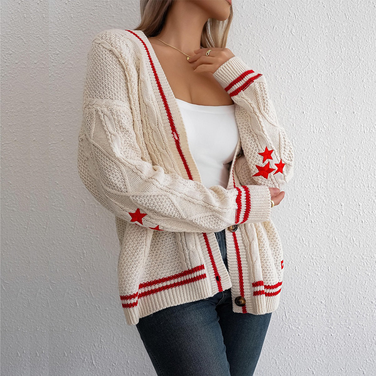Women's Knitted Cardigan with Braided Pattern and Button Front