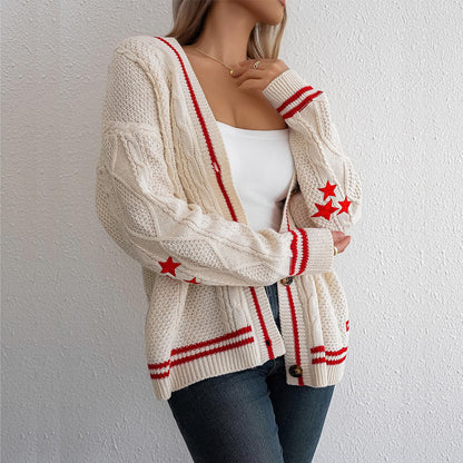 Women's Knitted Cardigan with Braided Pattern and Button Front