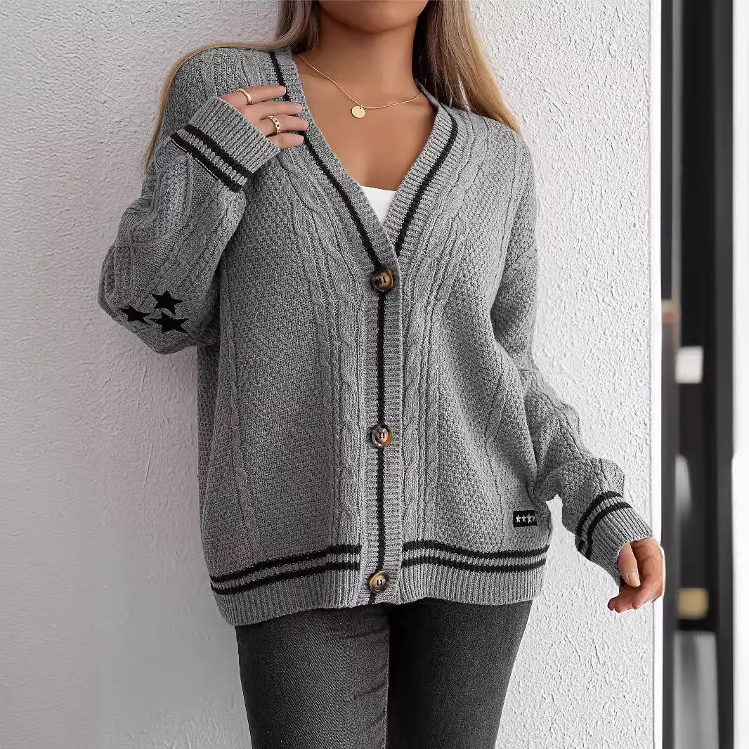 Women's Knitted Cardigan with Braided Pattern and Button Front