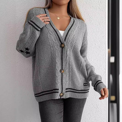 Women's Knitted Cardigan with Braided Pattern and Button Front