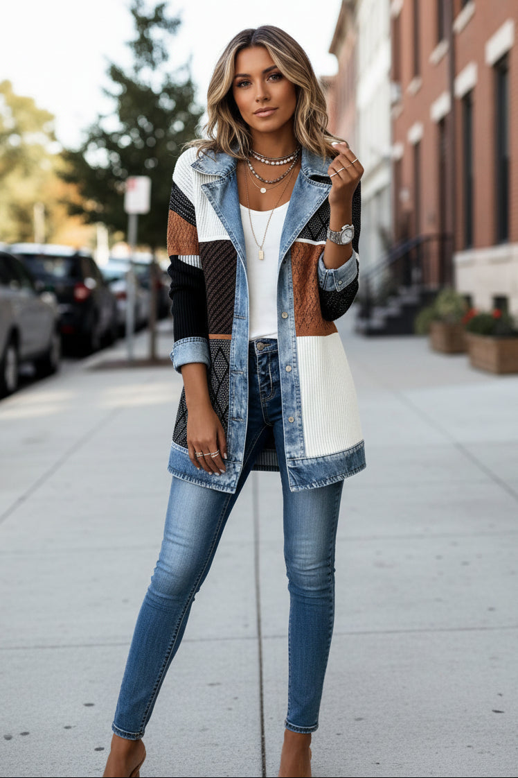 Women's Knitted Cardigan with Denim Collar and Open Front Design