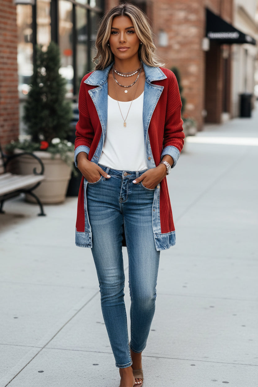 Women's Knitted Cardigan with Denim Collar and Open Front Design