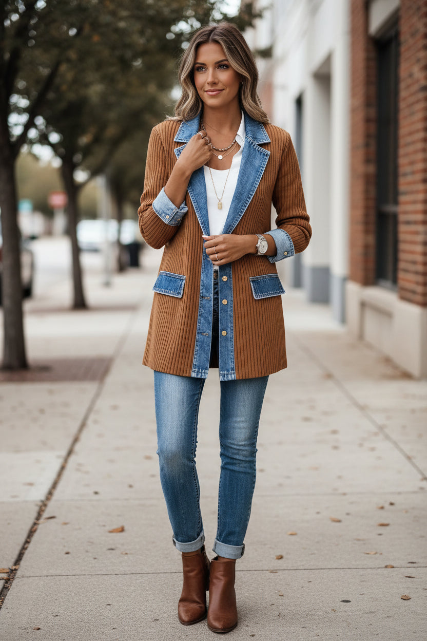 Women's Knitted Cardigan with Denim Collar and Open Front Design