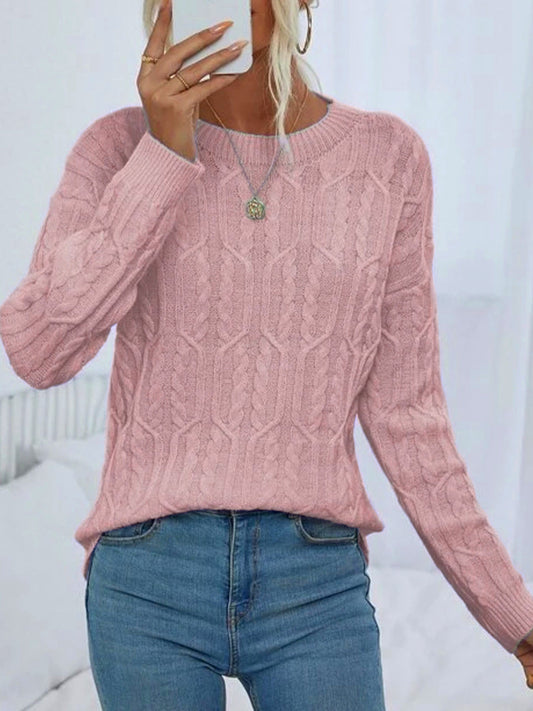 Women's Knitted Jumper with Twisted Pattern and Round Neckline