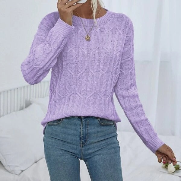 Women's Knitted Jumper with Twisted Pattern and Round Neckline