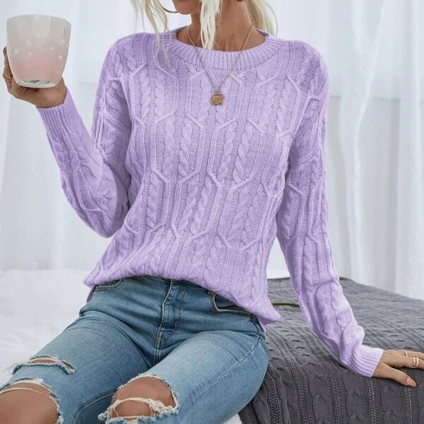 Women's Knitted Jumper with Twisted Pattern and Round Neckline