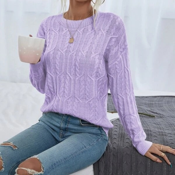 Women's Knitted Jumper with Twisted Pattern and Round Neckline